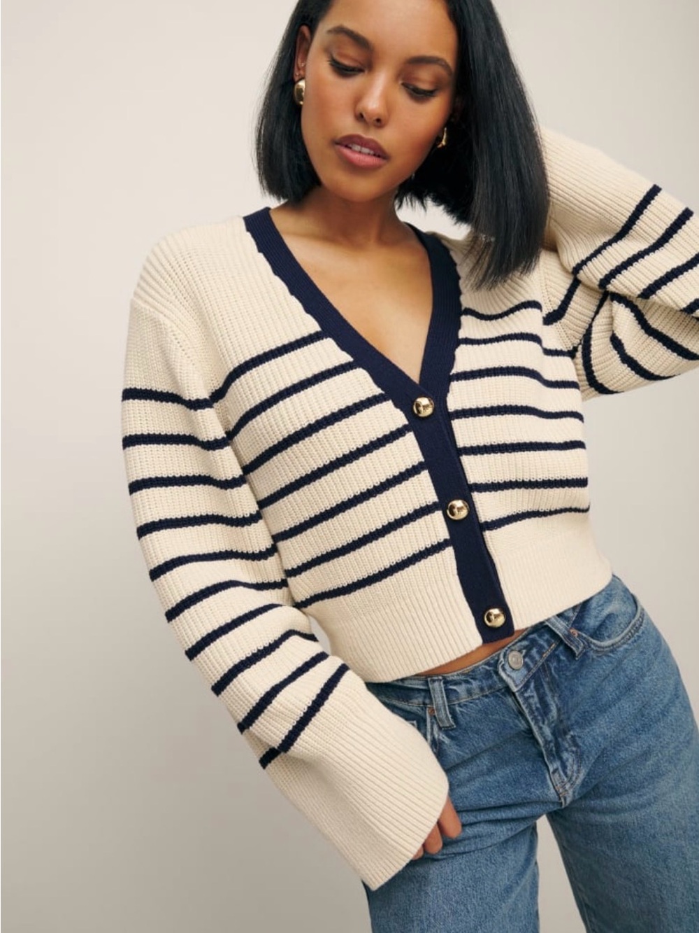 Reformation Cordelia Cotton Cardigan Cream Navy Medium
